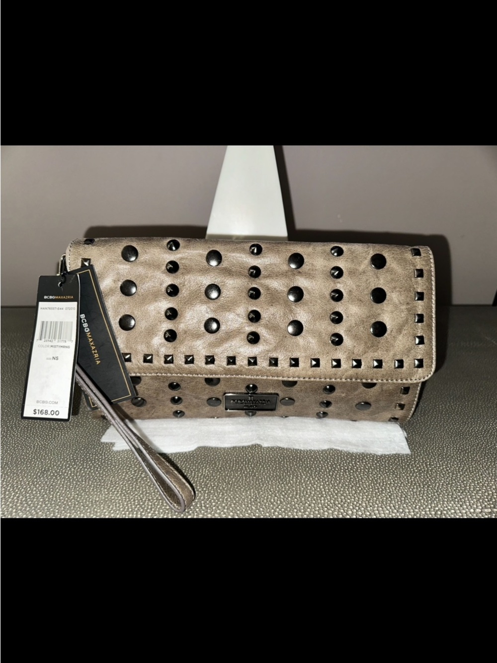 BCBGMaxAzria Taupe Studded Wristlet Clutch with Black Accents